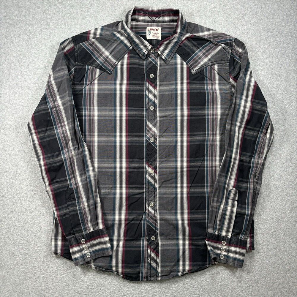 Levis Shirt Adult Large Gray‎ Plaid Pearl Snap Western Long Sleeve Cotton Mens